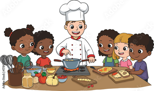 Cartoon chef cooking with kids, fun kitchen activity, culinary learning, happy children, food preparation, teamwork, educational cooking class, diverse group, joyful meal experience, family bonding
