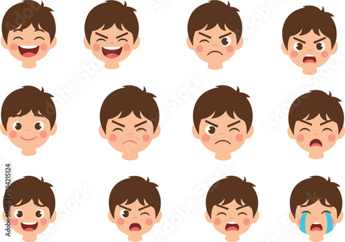 Cartoon child facial expressions, emotional variety grid, mood illustration set, feelings chart, character design reference, emotion recognition, behavior cues, animated faces, reaction
