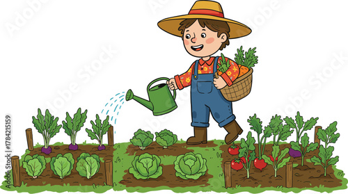 Cartoon child gardening vegetables, outdoor activity, healthy lifestyle, watering plants, farm education, nature care, fresh harvest, soil cultivation, eco-friendly habits, kids agriculture learning