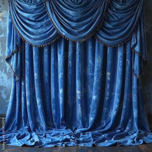 Lavish, flowing blue drapes with ornate trim hang against a distressed, textured blue wall and dark wood flooring