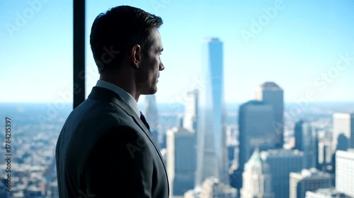 Businessman gazing at the skyline from a high-rise office, with a clear blue sky in the background