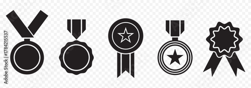 Badge with ribbon icon collection. Ribbon, Badges with star, Tick mark symbol. Vector Illustration. Black Color set Badge. EPS 10.