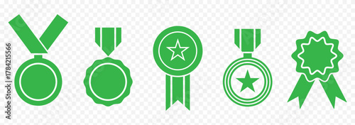 Ribbon and banner set. Medal set with ribbon. Premium quality and guarantee labels. Green award badges. Achievement label with Star. Best Design. Vector illustration. EPS 10.
