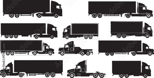 Collection of black silhouette truck icons	