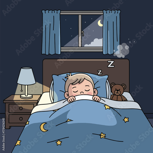 A young child sleeps soundly in bed at night, dreaming peacefully under the covers.