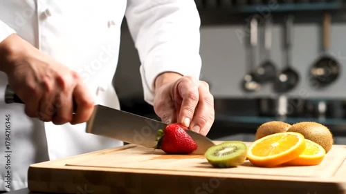 Chef skillfully slicing a fresh strawberry on a wooden cutting board in a modern kitchen