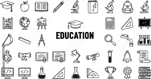 Hand-drawn Doodle Education Icons Set. School and University Learning Supplies, Academic Tools and Knowledge Symbols Vector Illustration.