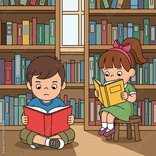 Two children engrossed in reading books in a library, surrounded by bookshelves filled with literature.