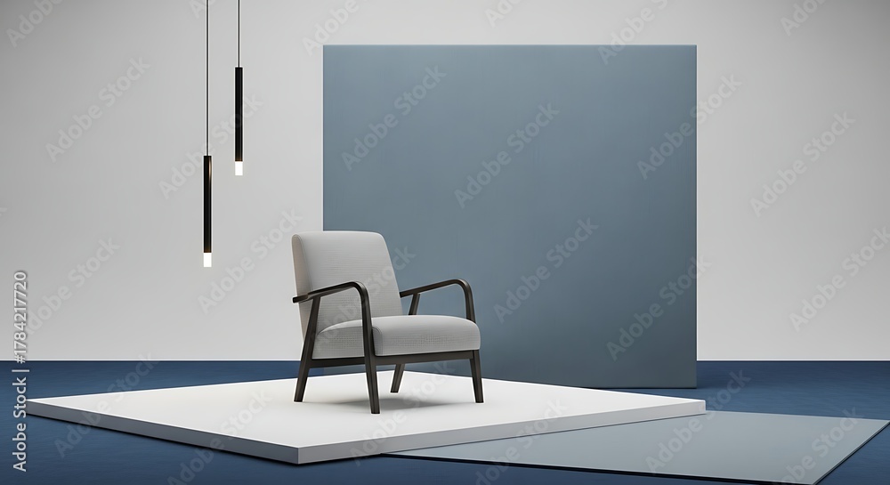 Fototapeta premium Minimalist Interior with Armchair and Geometric Shapes for Modern Living.