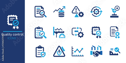 
Quality control icon set. Containing inspection, evaluation, product, quality assurance, process, testing and more. Solid vector icons collection. 