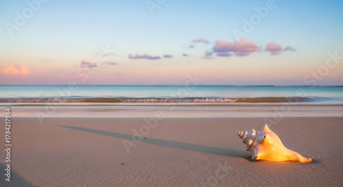 Fototapeta Naklejka Na Ścianę i Meble -  A conch shell sits on the beach sand with the ocean in the background.