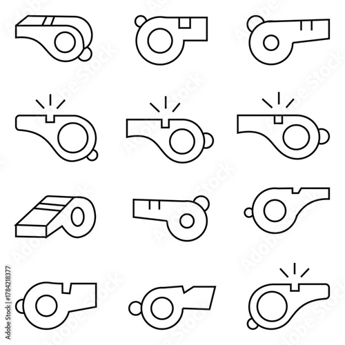 Whistle Icon Set – Black & White Vector Collection of Sports Referee, Flat Silhouette, Outline and Glyph Style Icons