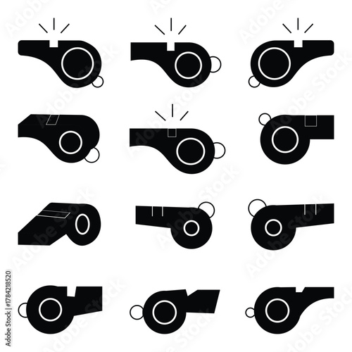 Whistle Icon Set – Black & White Vector Collection of Sports Referee, Flat Silhouette, Outline and Glyph Style Icons