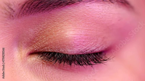 Close-up of a woman's closed eye with soft eyelashes, showcasing natural skin texture and subtle colors