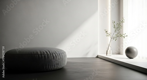 Minimalist Interior with Gray Pouf and Natural Light.