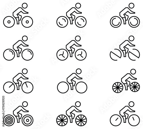 Bicycle and Cyclist Icon Set — Road Bike, Cycling Path, and Rider Silhouette Vector Collection