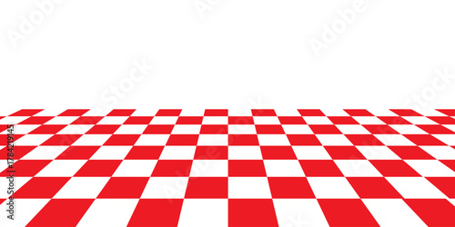 Checkerboard, chessboard, checkered plane in angle perspective. Tilted, vanishing empty floor modern.