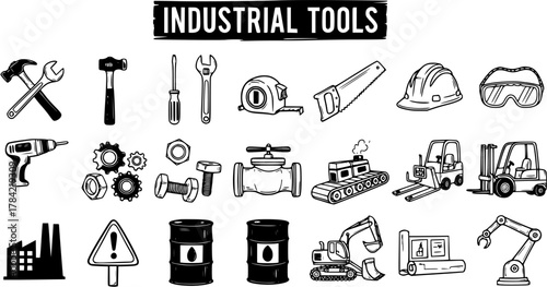 Doodle Industrial Tools and Equipment Vector Set with Hand Tools, Construction Machinery, and Safety Gear Icons