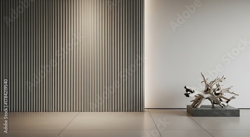 Minimalist Interior with Textured Wall and Abstract Sculpture.