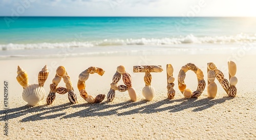 Fototapeta Naklejka Na Ścianę i Meble -  Vacation word made of seashells on sandy beach with turquoise sea.