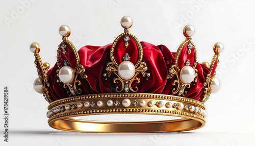 Luxurious Golden Crown with Red Velvet and Pearls for Royalty and Prestige