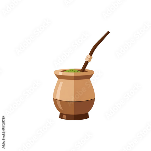 Cartoon Mate Tea Illustration: Traditional South American Drink with Bombilla on Black Background