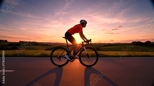 Cyclist riding along a scenic road at sunset, with vibrant skies and fields in the background