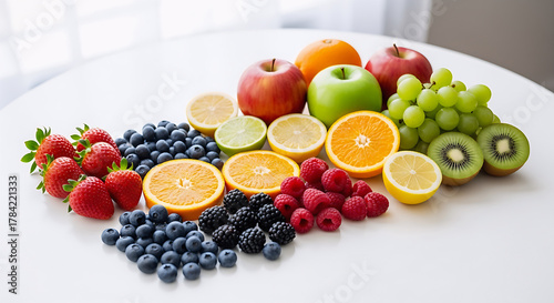 Fototapeta Naklejka Na Ścianę i Meble -  Assorted fresh fruits including strawberries, oranges, kiwi, apples, grapes, and berries arranged on a white table with soft natural lighting.