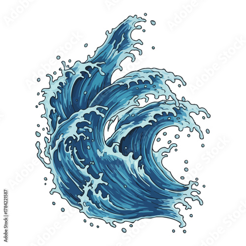 Dynamic blue water splash or wave burst illustration with drops and foam