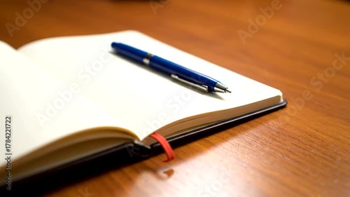 Open notebook with a pen resting on its pages, placed on a wooden desk, with a cozy atmosphere