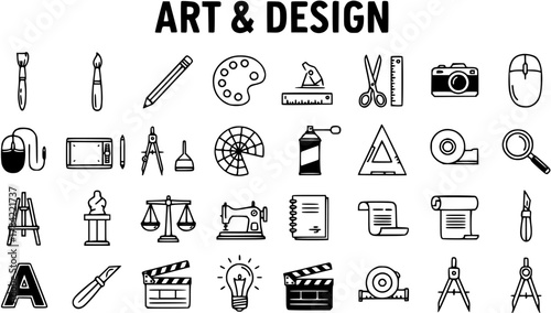 Art and Design Line Icons Set: Creative Tools, Craft Supplies, Graphic Design Equipment Collection