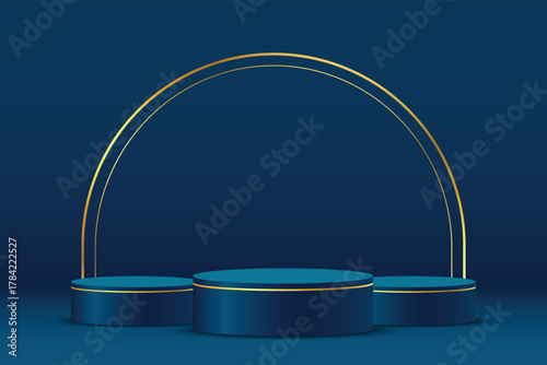 vector illustration of an abstract blue background with three podiums for display