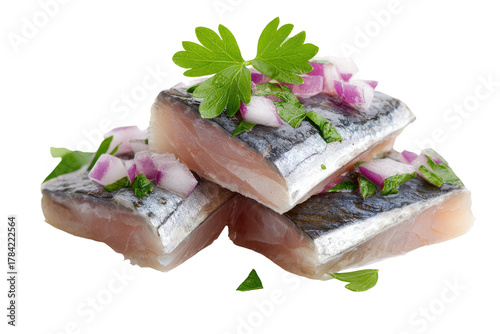 Three pieces of marinated herring fillet on transparent background