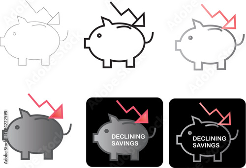 Minimalist Piggy Bank Icons Representing Declining Savings and Financial Decrease