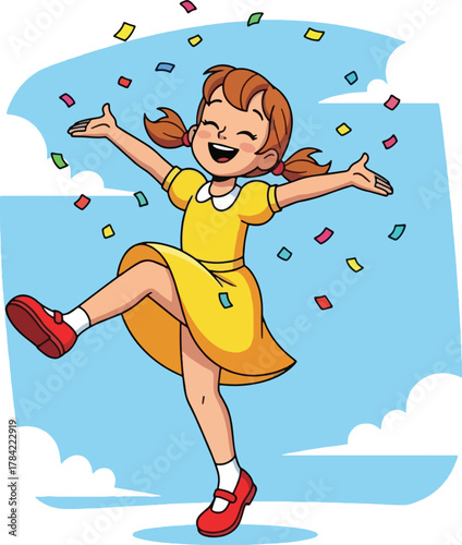A happy young girl in a yellow dress celebrating with confetti falling around her.
