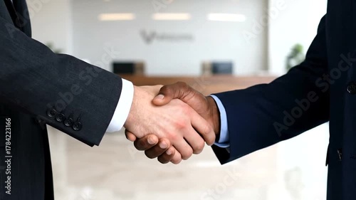 Two business professionals shaking hands in a modern office lobby with a welcoming atmosphere