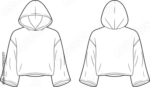 Cad drawing flat vector illustration, oversized cropped hoodie sketch, fashion design template, garment construction outline, front back view apparel design