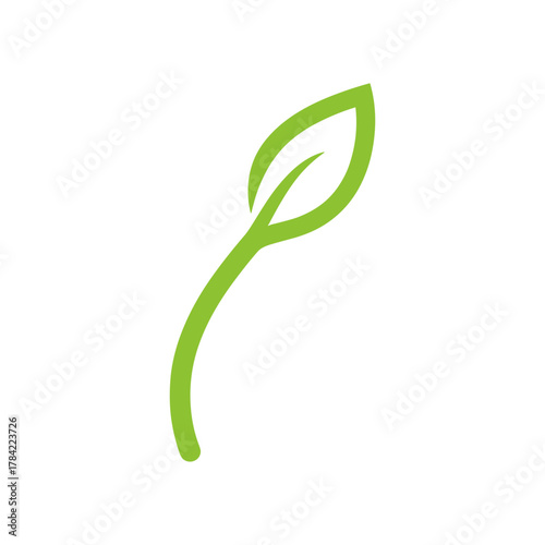 A simple, stylized green leaf with a curved stem on a white background, representing nature and growth.