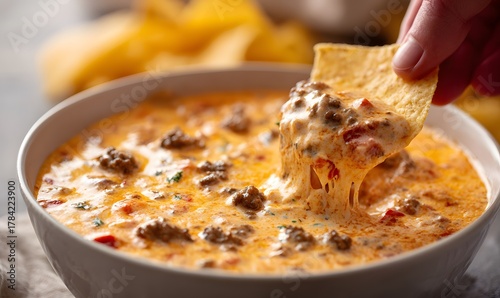 a creamy, cheesy Rotel dip with ground beef served in a white bowl. The dip has a rich golden-orange color, with small chunks of browned ground beef and diced red tomatoes visible throughout the smoot
