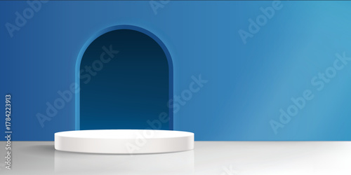 empty white podium for exhibit with blue background