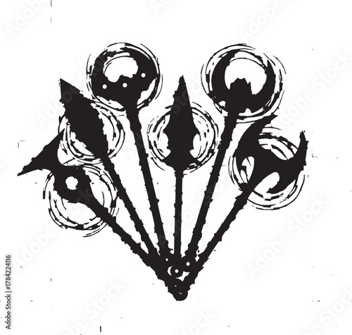 Tribal weapon collection: An assortment of tribal weaponry is artfully displayed. The monochrome design accentuates the historical significance and cultural importance of each element.