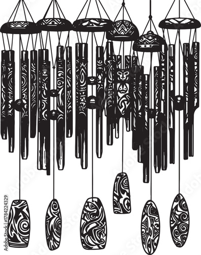 Melodic Wind Chimes in Artistic Harmony: Intricate wind chimes with unique patterns and shapes. These chimes capture the essence of artistry and serenity.