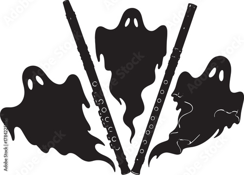 Musical Spirits: A whimsical composition features ghostly silhouettes accompanying classical musical instruments. The piece, with its simple elegance.