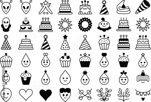 Celebration icons, party hats, cakes, cupcakes, balloons, hearts, stars, smiley faces, alien heads, banners, festive vector silhouette set