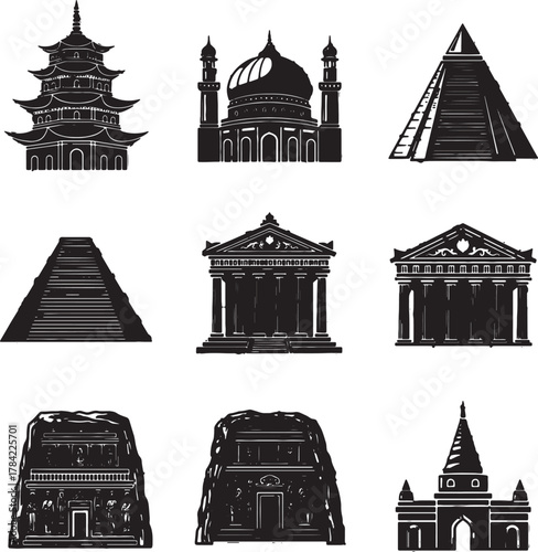 Ancient Structures: A striking ensemble of iconic architectural marvels, showcasing diverse cultural and historical influences, evoking a sense of wonder and human ingenuity.