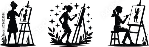 Painter silhouette vector set, standing and seated artists at easels, portrait and whimsical scenes with stars and leaves