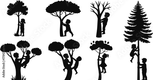 Children climbing trees silhouette vector set, playful outdoor activity scenes with varied tree types for stock content, nature, exploration, and childhood themes