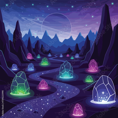 A vibrant illustration of a fantastical landscape with glowing crystals and a celestial body.