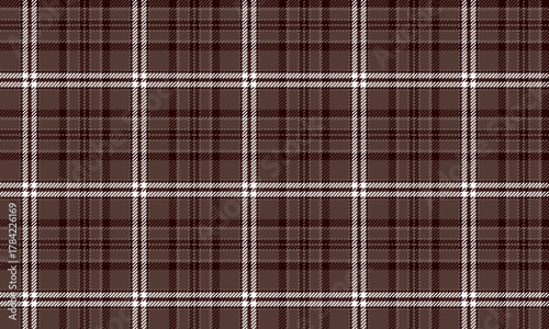 This seamless plaid pattern, in brown and white, conveys a simple and classic feel for clothing designs, such as skirts, pants, and dresses, emphasizing neatness and everyday wear.