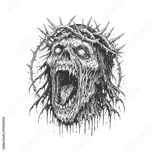 Foto Dark art monster screaming wearing thorn crown vector gothic illustration